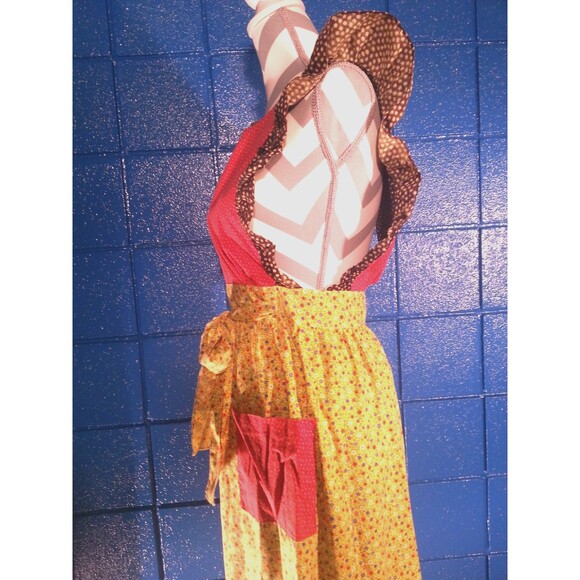 VTG 70s Cottagecore Calico Pinafore Country Ruffle Apron floral Wrap Dress OSFM - Picture 6 of 10